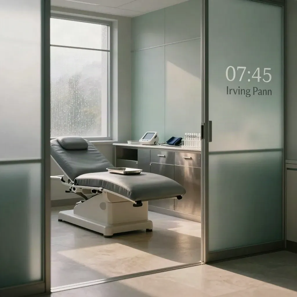 Premium clinic screening suite with frosted glass, exam couch and instruments in moody morning light.