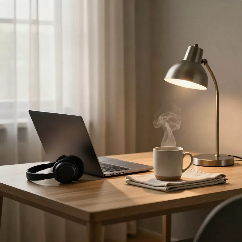 Closed laptop, headset, mug and lamp in a cozy GP consultation nook with afternoon light.
