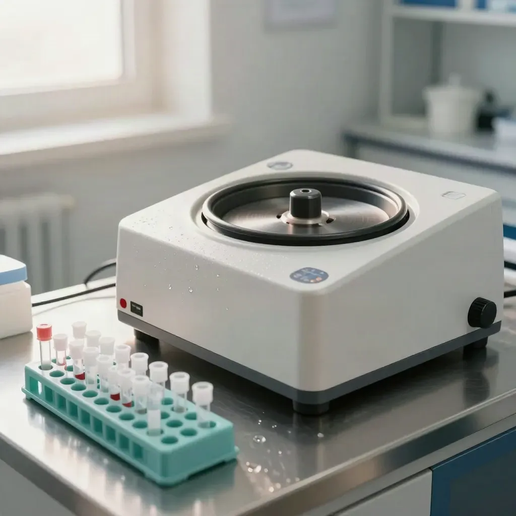 Centrifuge rotor with blood sample tubes on a stainless clinic worktop