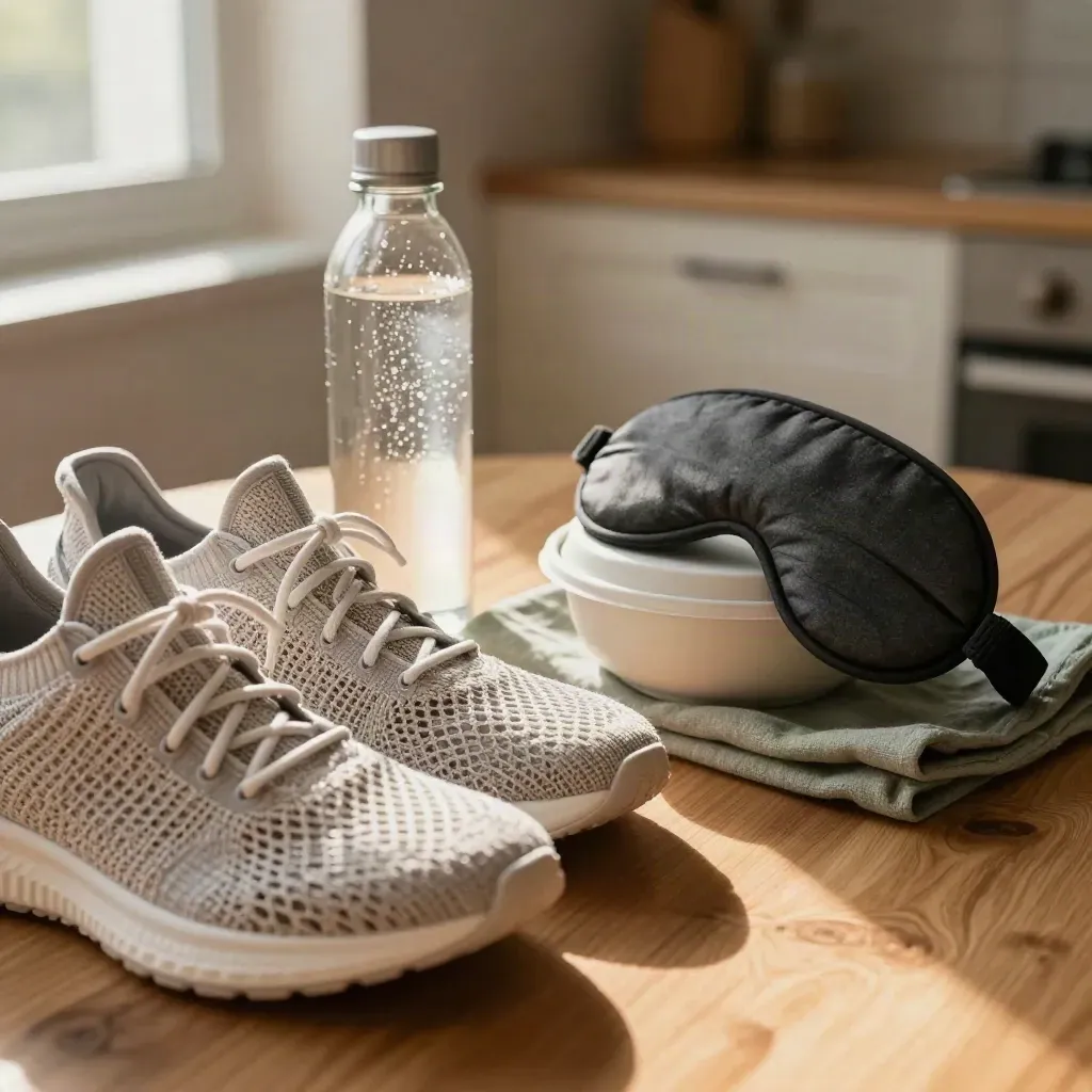Trainers, water bottle, sleep mask and meal-prep bowls arranged on a warm oak surface.
