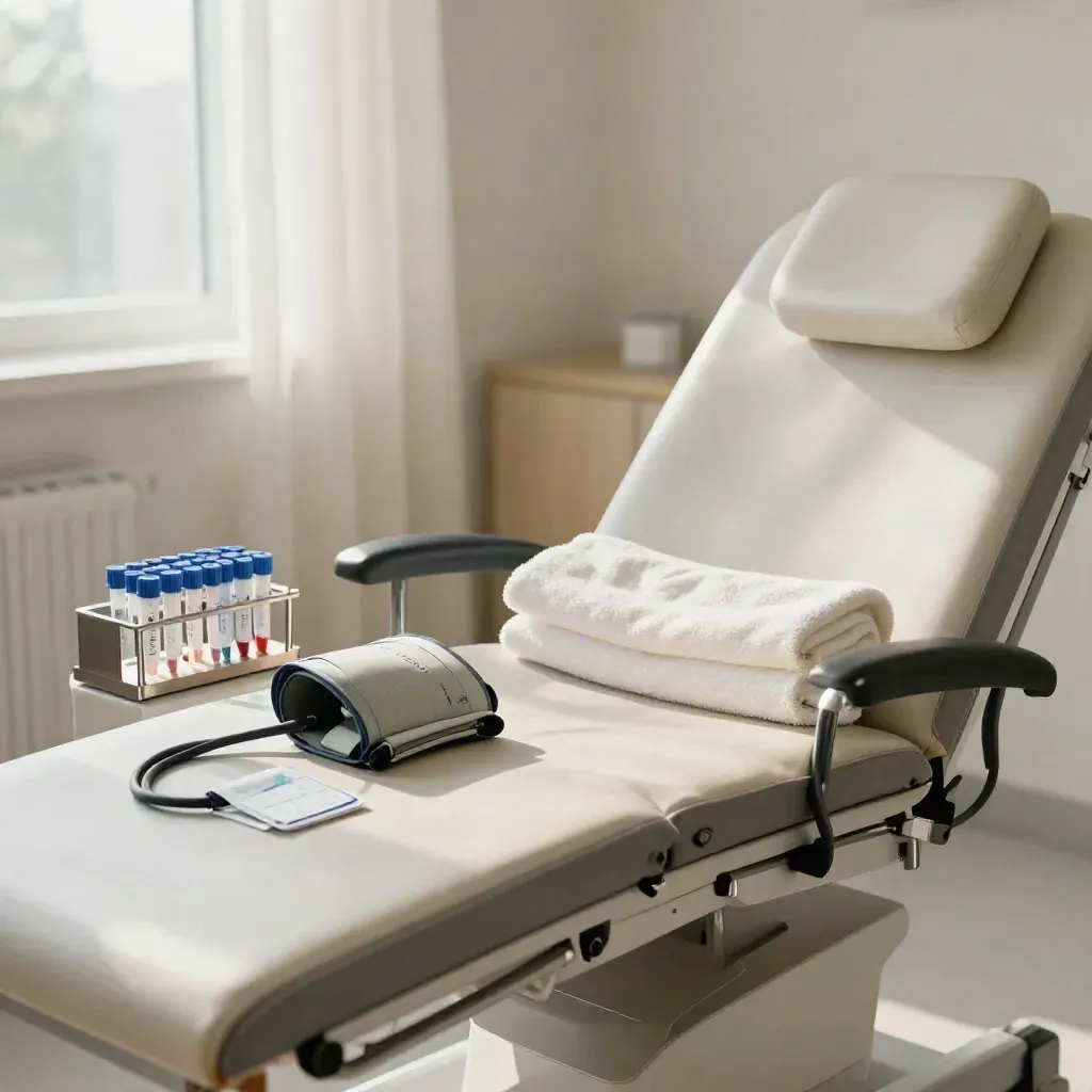 Prepared screening bay with cuff, ECG pads, sample rack and reclined chair in morning light.