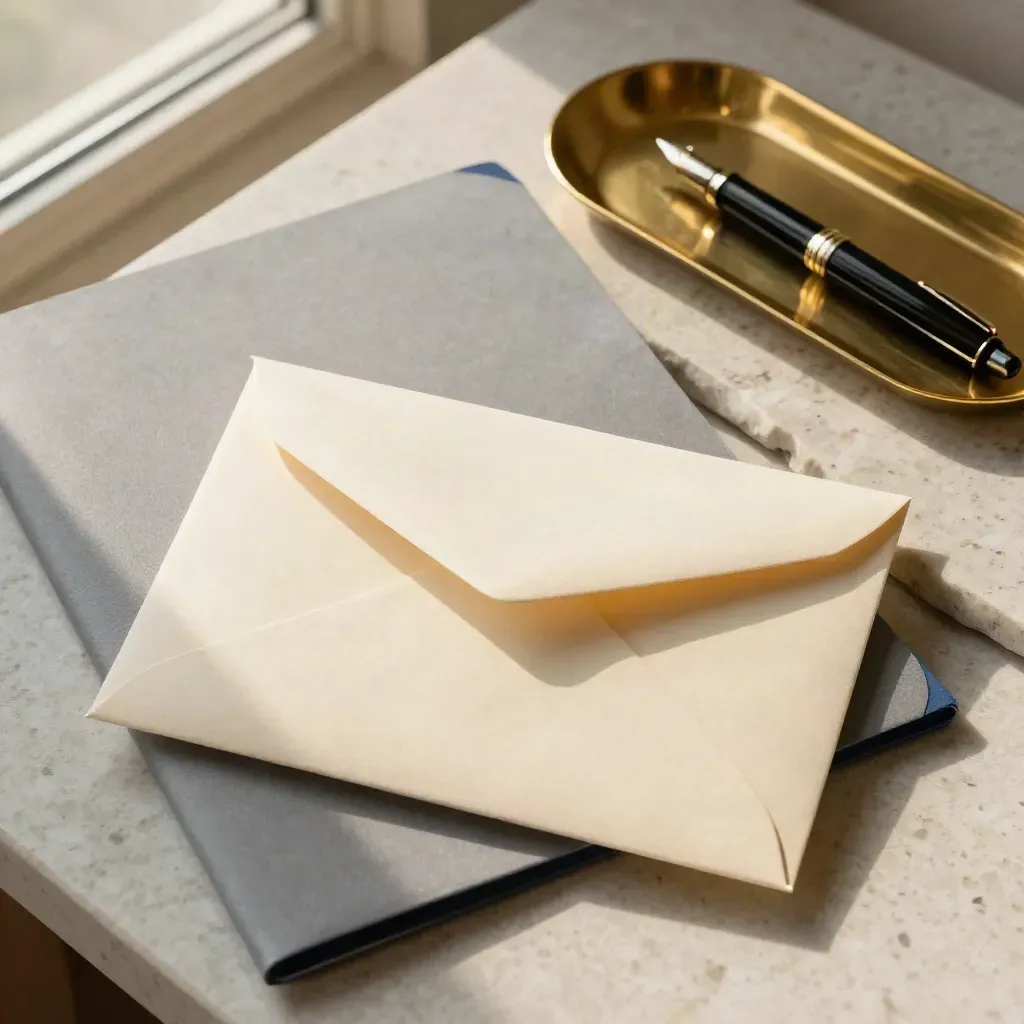 Top-down referral packet still life with envelope, folder, brass tray and pen on travertine.