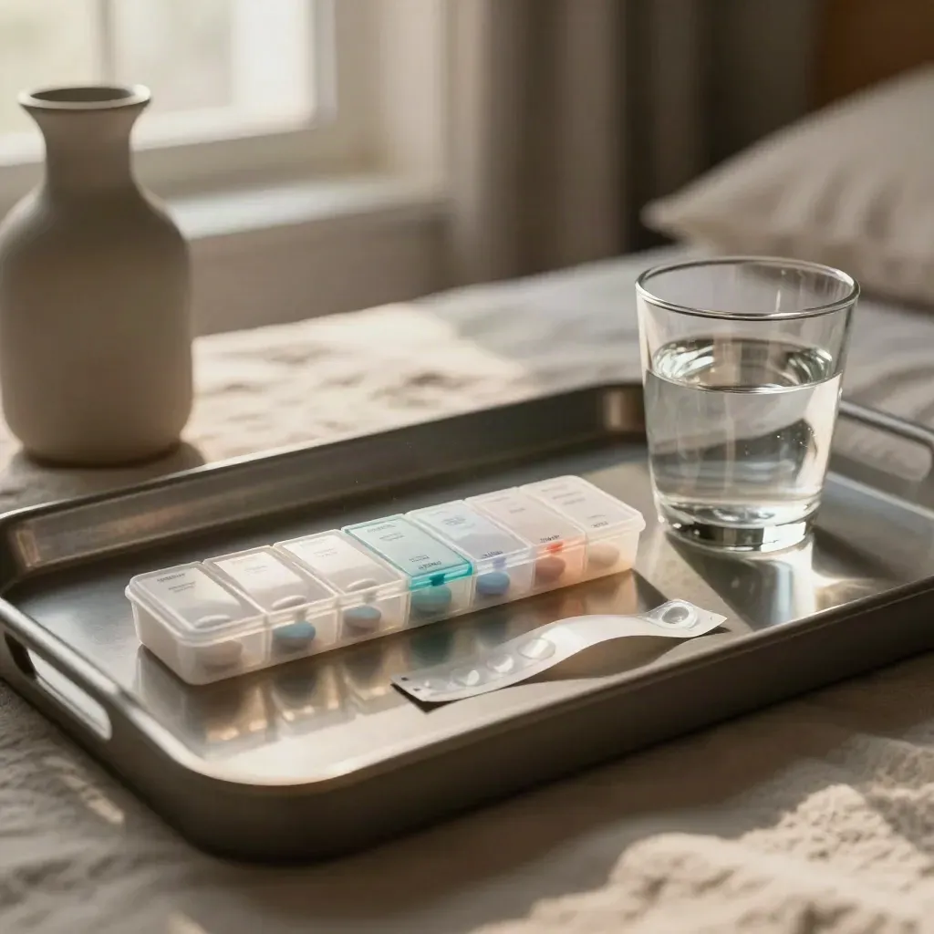 Weekly pill organiser, blister strip and water glass on a bedside tray in moody cinematic light.