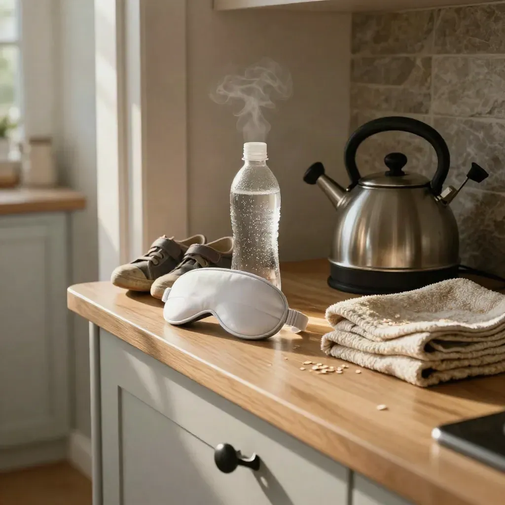 Quiet kitchen bench with sleep mask, water bottle, trainers and folded blanket in morning light