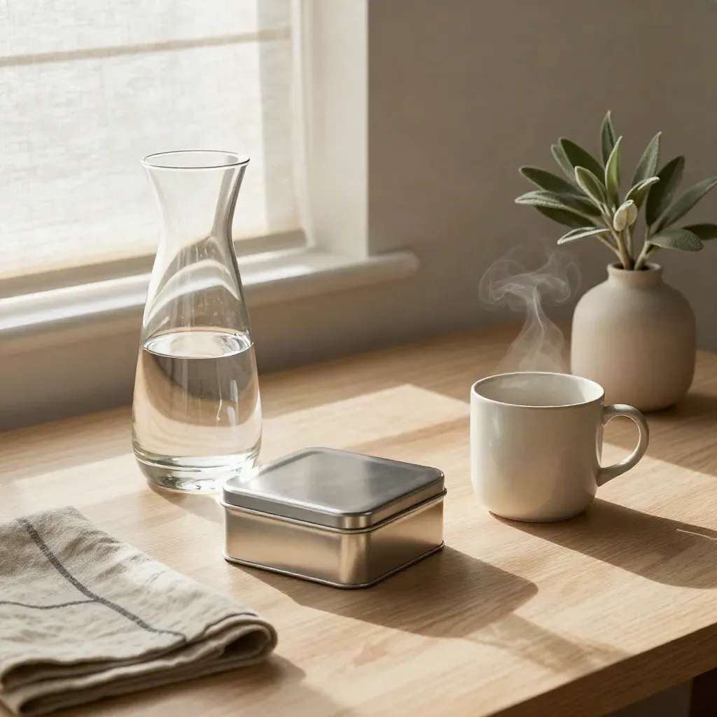 Sunlit desk with water carafe, lunch tin, mug, and sage sprig by open blinds