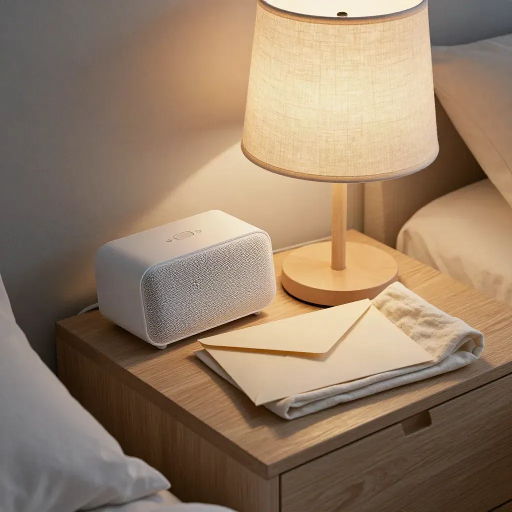 Bedside health follow-up scene with lamp, speakerphone cradle, muslin cloth and sealed envelope.