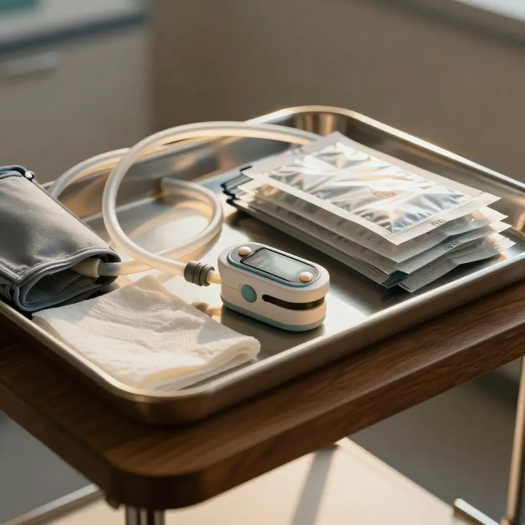 Clinical tray with cuff tubing, pulse oximeter clip and swab packets in dramatic light