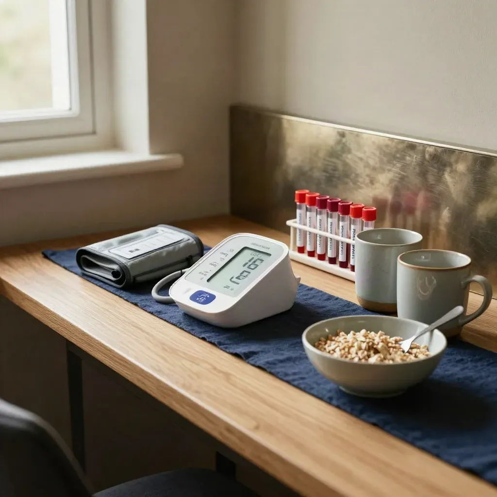 Breakfast table with BP monitor, sample tubes, mugs and oats in late-morning light.