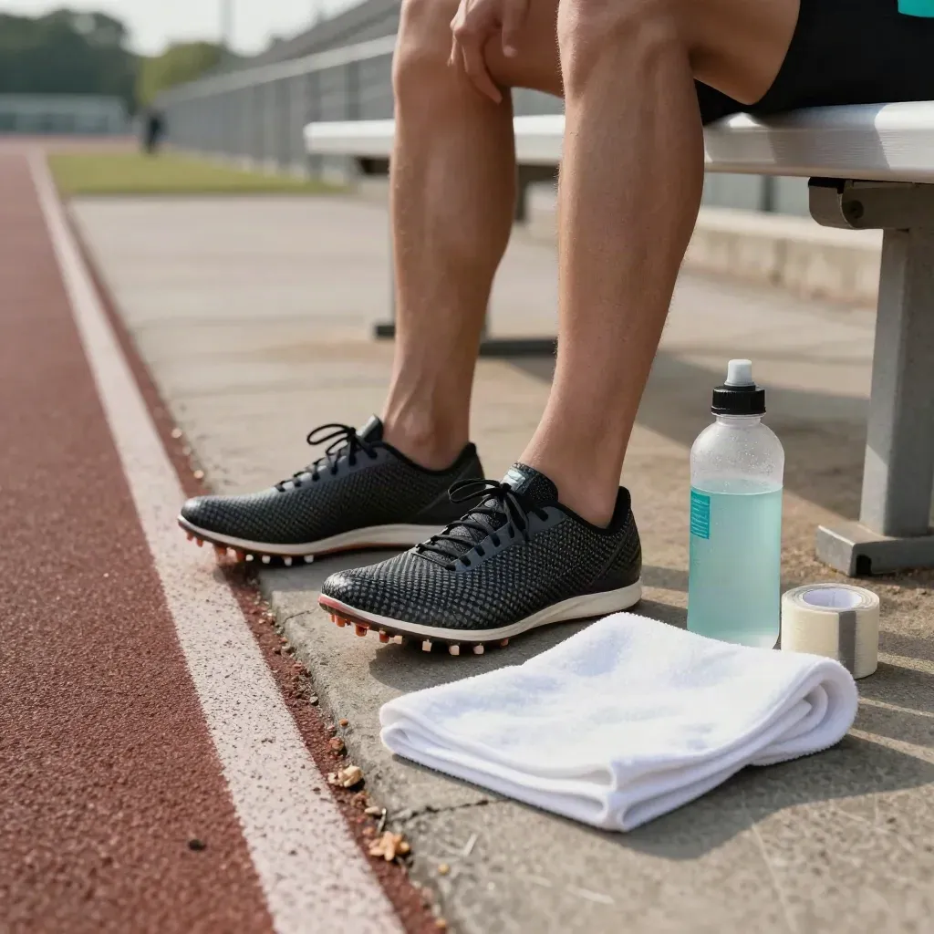 Running spikes, tape, bottle, and towel on a track bench in sunlight