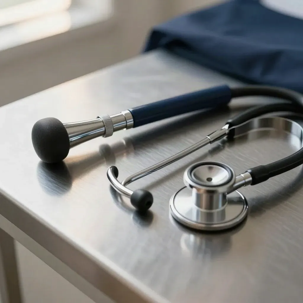 Macro still life of medical diagnostic tools on brushed steel, ready between consults