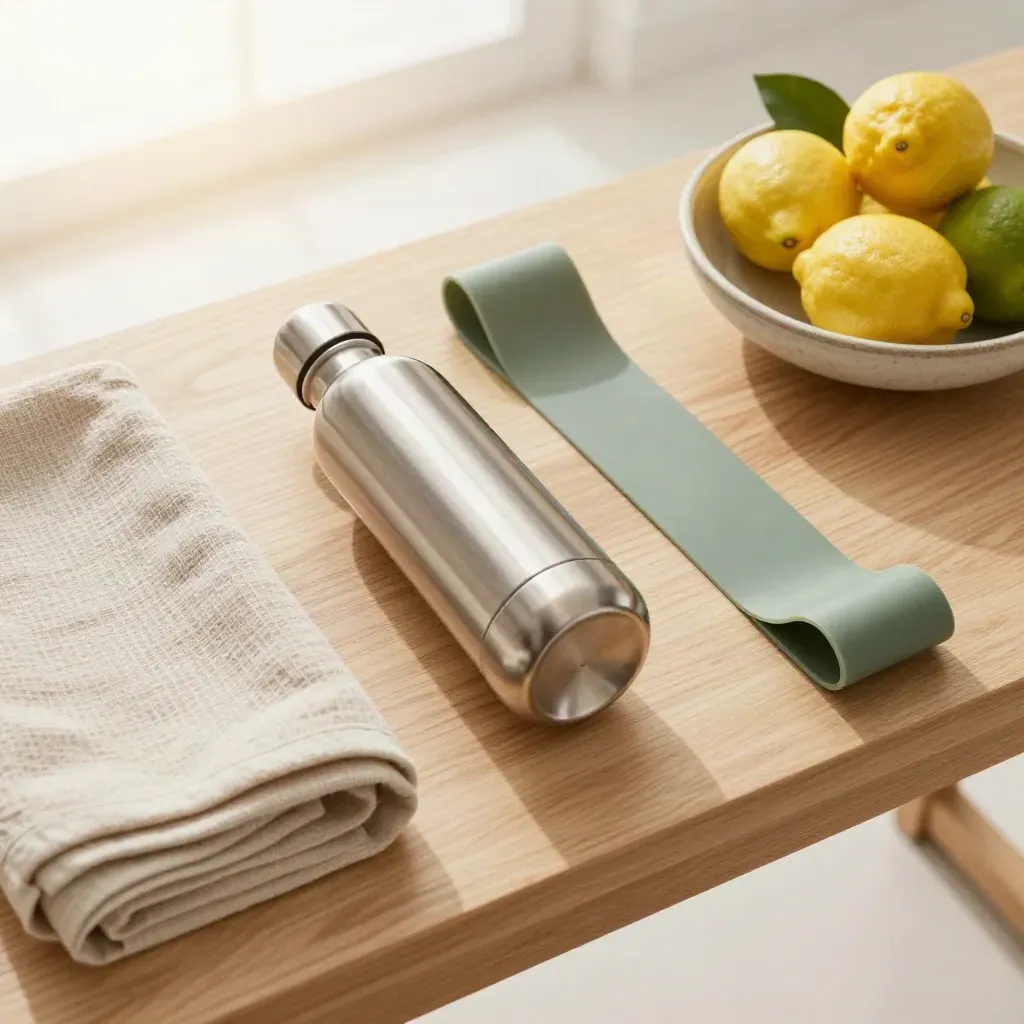 Wellness tools on a pale oak bench: towel, water bottle, band and citrus bowl in soft daylight.