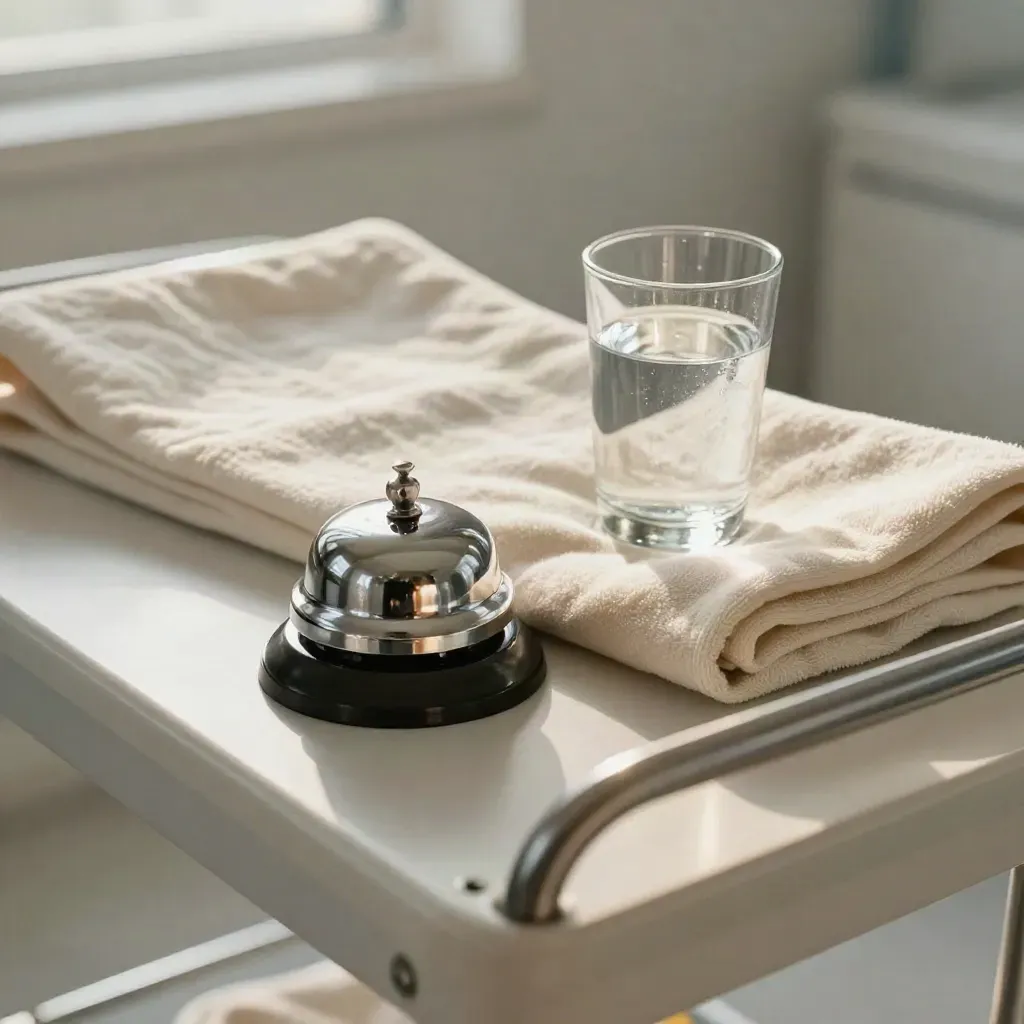 Call bell, folded blanket and water glass on a care trolley in calm clinic daylight.