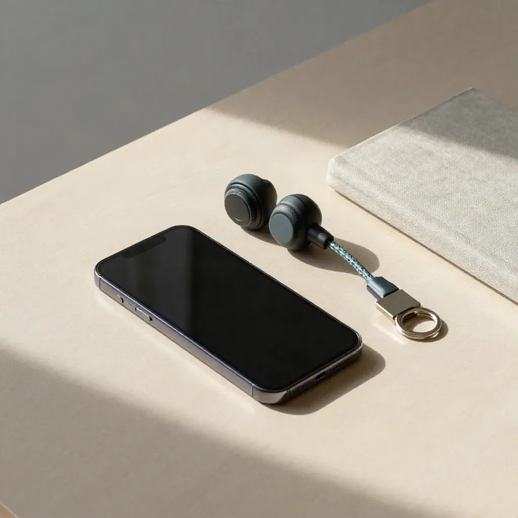 Top-down still life of phone, headset, keyring and closed notebook on pale wood