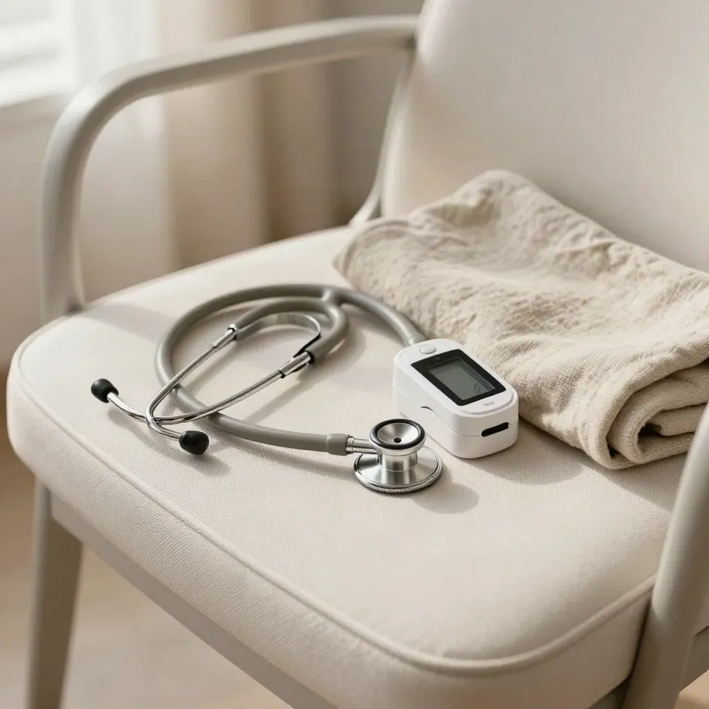 Stethoscope, pulse oximeter and folded linen blanket on a chair seat in a bright clinic room.