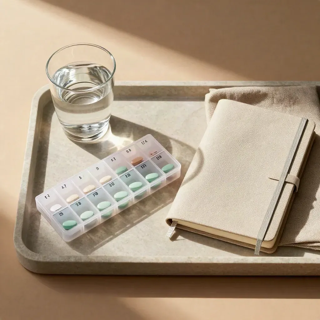 Pill organiser, water glass, and closed notebook on a stone tray with soft light.