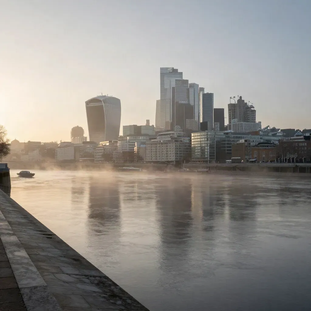 Thames skyline in dawn haze with river mist and open calm water for copy