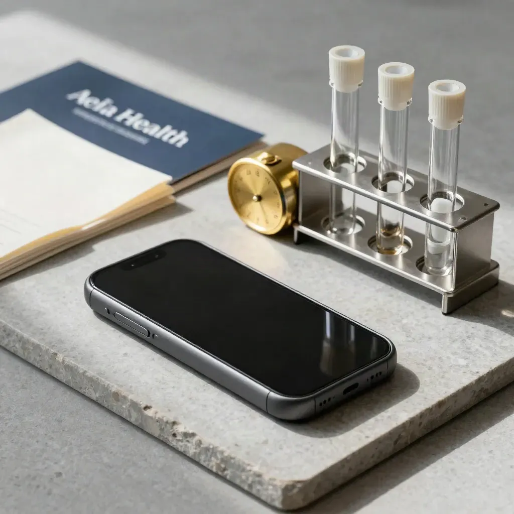 Brass timer, smartphone cradle, and test tubes on stone in a clean clinic flatlay.