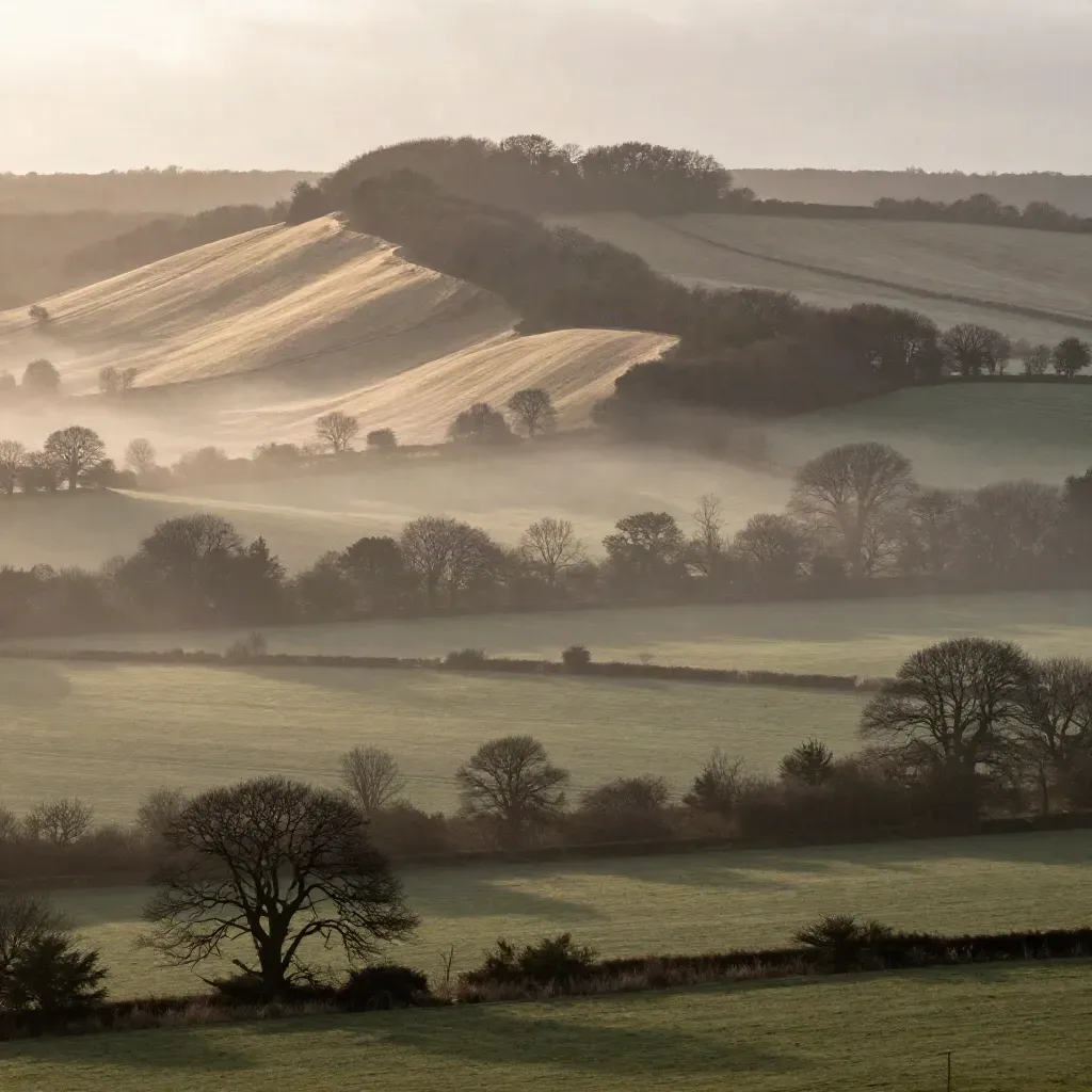Misty North Downs ridge above beech woodland and chalk fields in warm sunrise light.