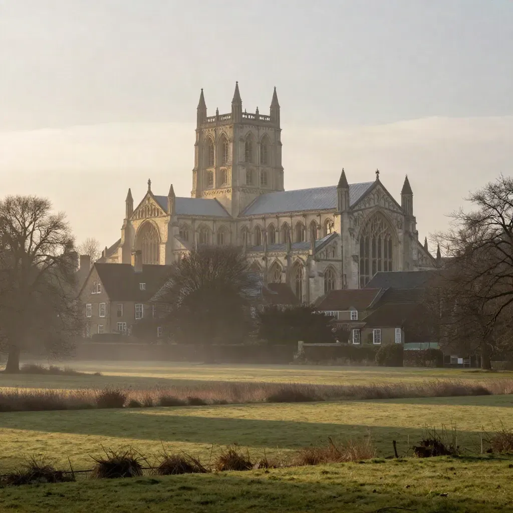 St Albans cathedral above pale roofs and misty parkland at sunrise