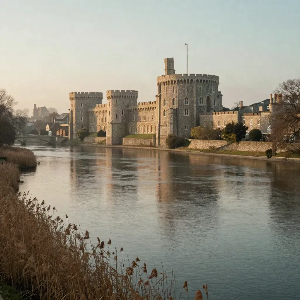 Windsor Castle above a hazy Thames with reeds and calm water, warm light and soft reflections